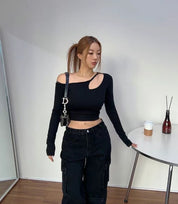Solid Shoulder Cut Crop Top
