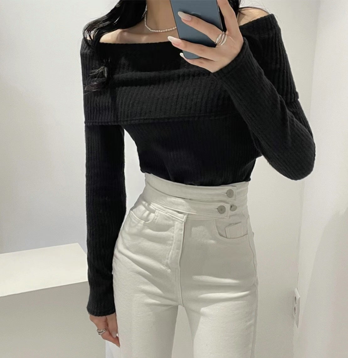 Long Sleeve Off Shoulder Solid Top