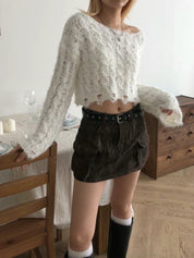 【破爛風混色針織衫】Fuzzy Single Shoulder Crop Cardigan