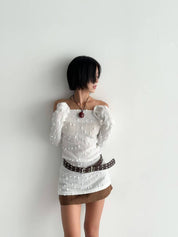 【粒粒薄長袖top👀】Solid Textured Off Shoulder Top
