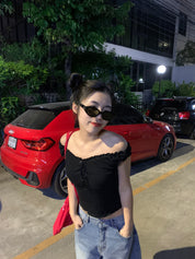 【美式女孩推薦! 立體皺摺質感】Ruffle Ribbon Shoulder Top