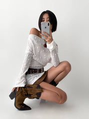 【粒粒薄長袖top👀】Solid Textured Off Shoulder Top