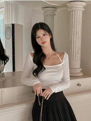 【$99系列｜ 一字領綁帶款】Basic Solid Tie Back Long Sleeve Top