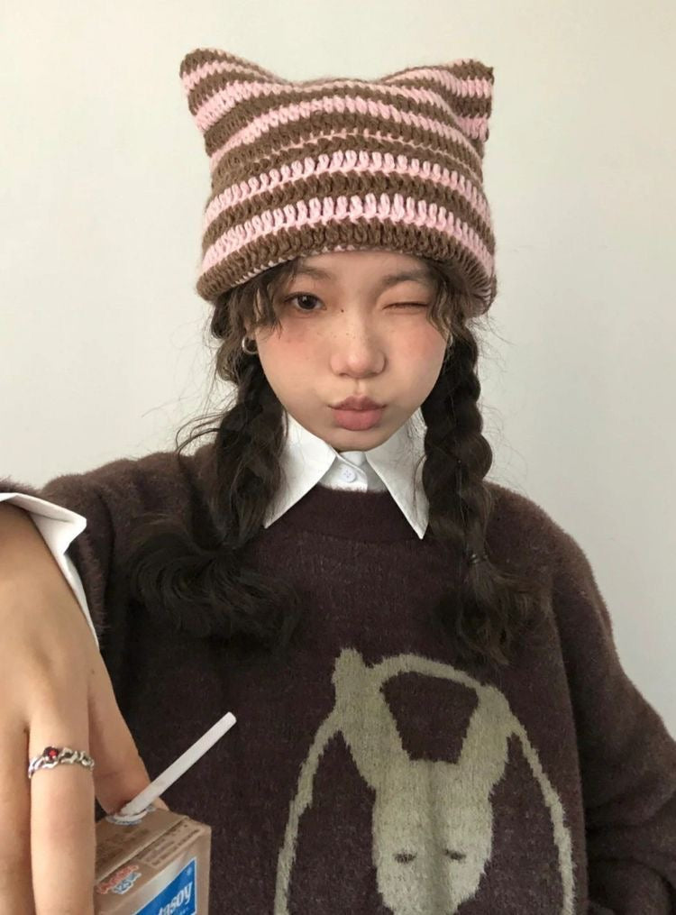 【大熱Y2K貓貓冷帽🐈】Striped Cat Beanie