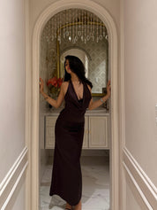 Mocha Silk Cowl-Neck Halter Dress