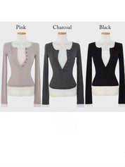 【假兩件長䄂Top🎶】Double Layered Button Front Long Sleeve Top