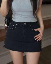 【型格破爛風短裙】Solid Ripped Rivet Mini Skirt
