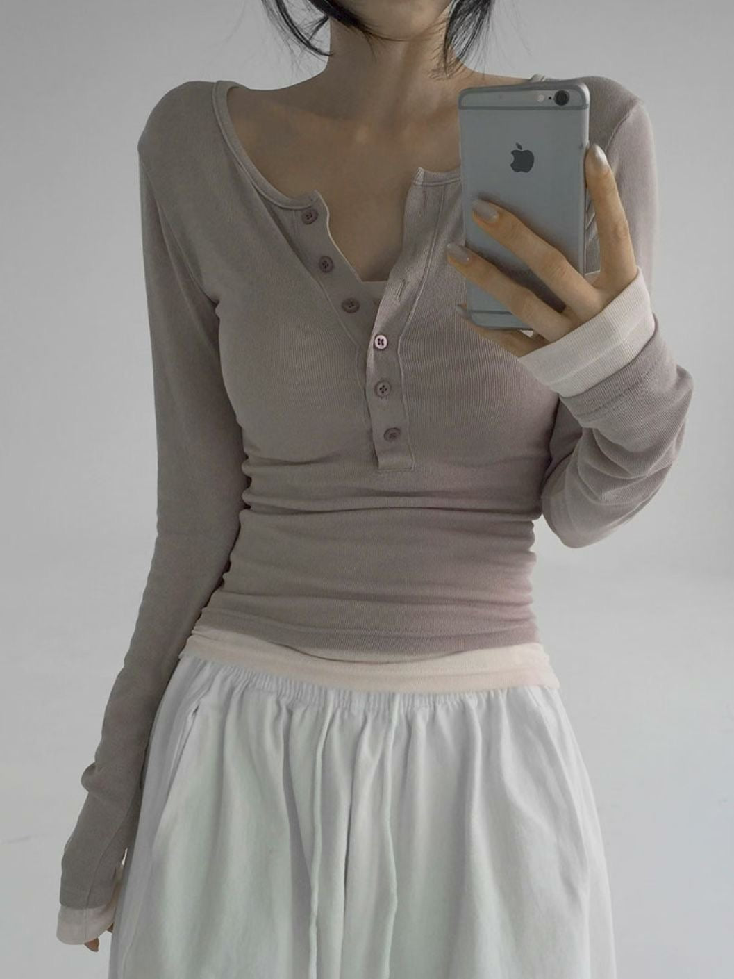 【假兩件長䄂Top🎶】Double Layered Button Front Long Sleeve Top