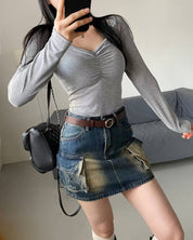 【心型領口長袖Crop Top】 Hearty Neck 2 Way Long Sleeve Top