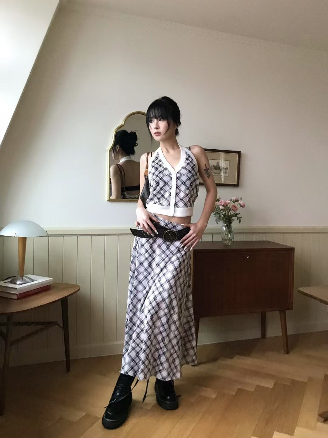 【復古美式女生必入】Button Front Checkered Halter Top