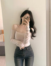 【$99系列｜ 一字領綁帶款】Basic Solid Tie Back Long Sleeve Top