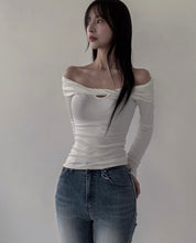 【歐美風一字領Top】 Leaf Twisted Long Sleeve Off Shoulder Top
