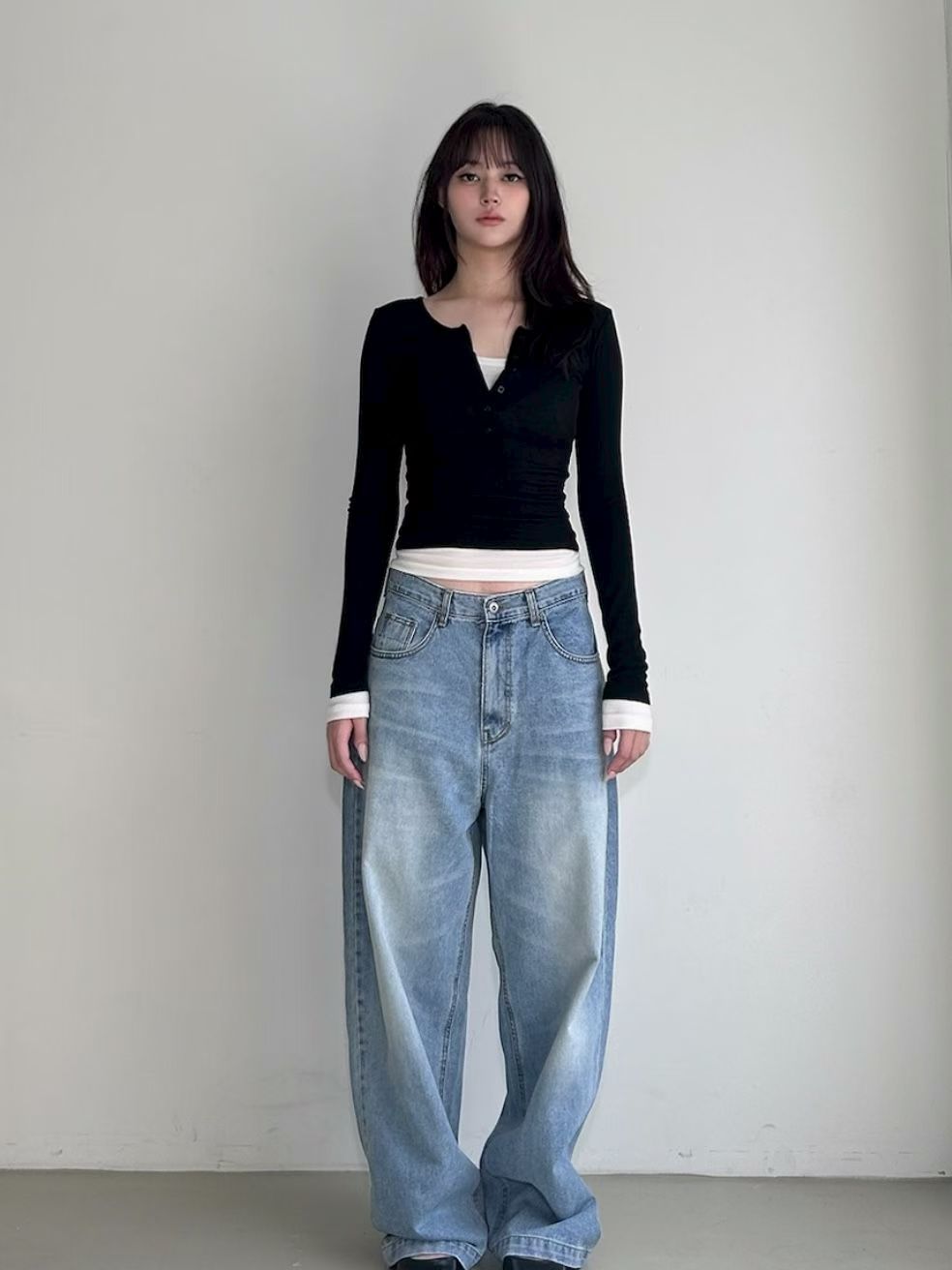 【假兩件長䄂Top🎶】Double Layered Button Front Long Sleeve Top