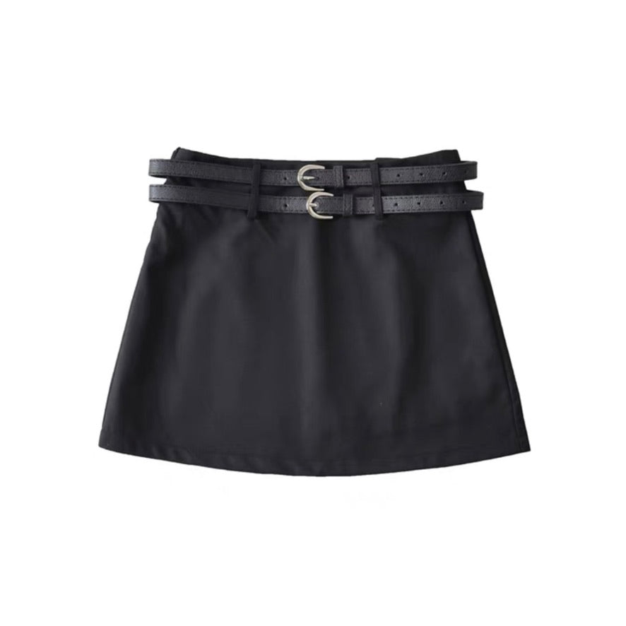 Solid Double Belt Skirt