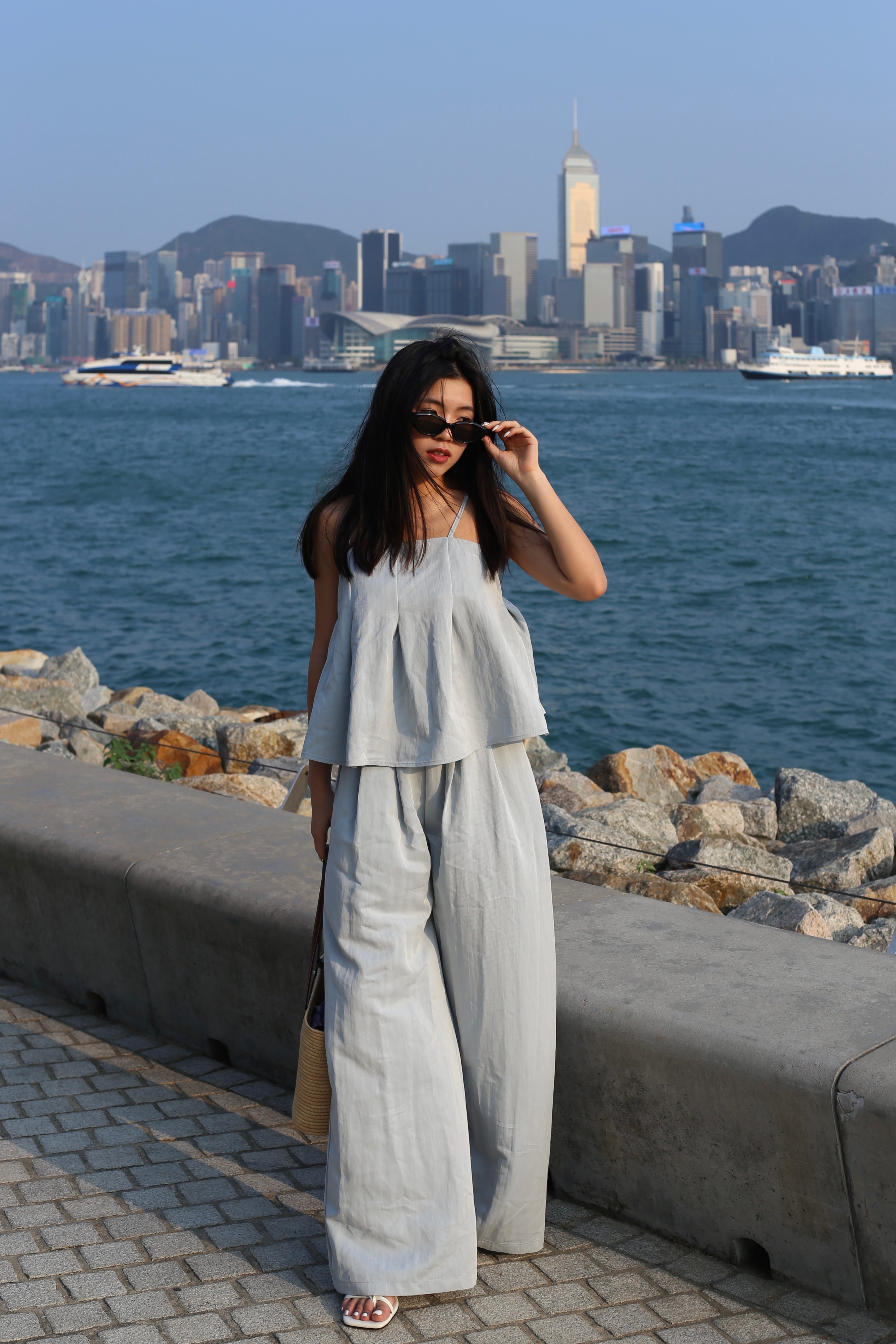 【超舒適慵懶渡假套裝】Solid Cami Top With Wide Leg Pants Set