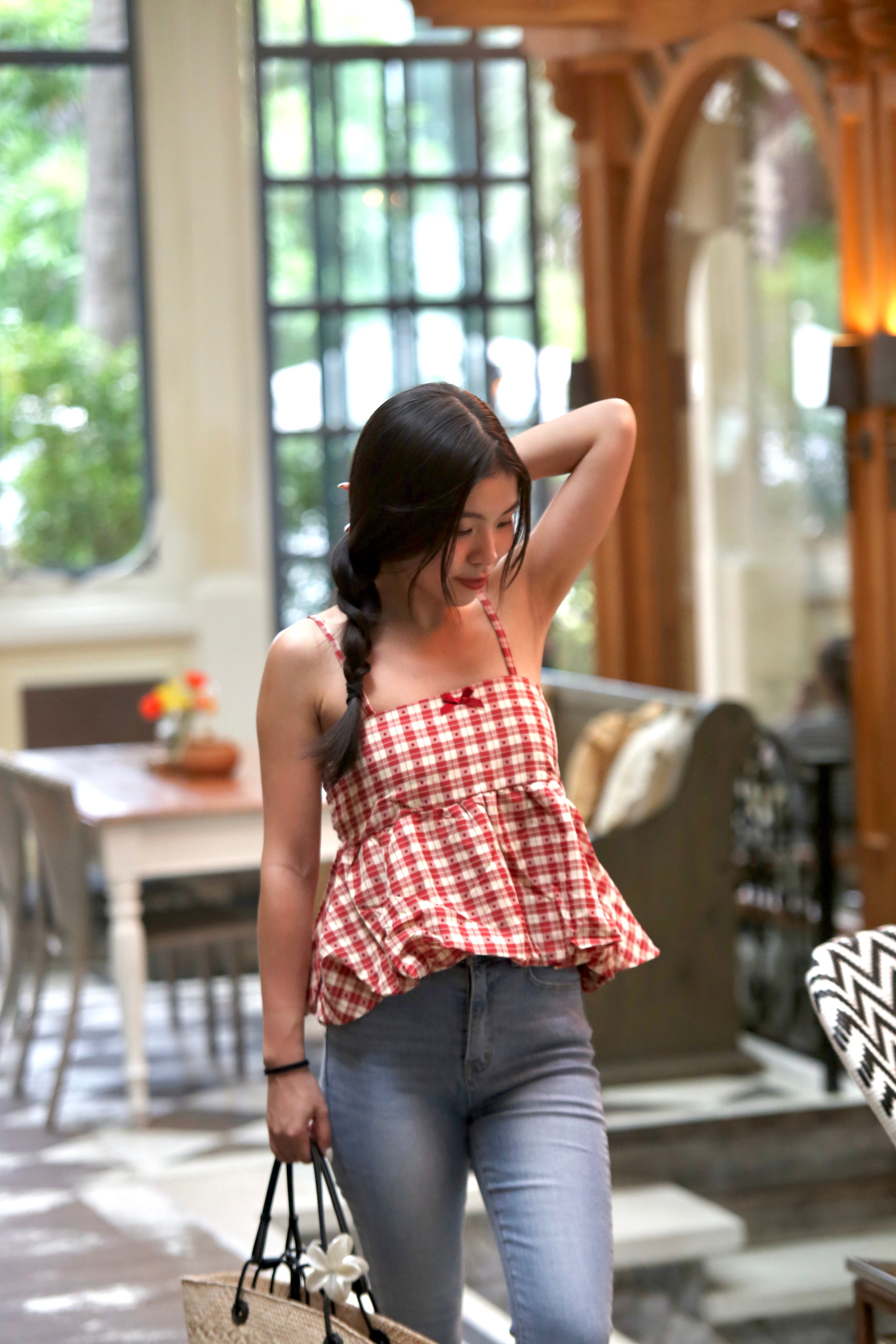 #T246 Checkered Ruffle Cami Top