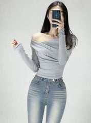 【$99系列｜ Office必入款～】Basic Solid Single Shoulder Long Sleeve Top