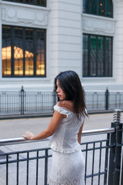 【Ballet Core必備! Lace質感Max】Basic Solid Button Front  Lace Off Shoulder Top