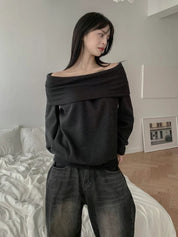 【暗直紋刷毛一字膊Top】Gianna Solid Off Shoulder Top