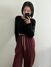 Solid Fluffy Hollow Out Crop Top