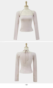 【$99系列｜ 一字領綁帶款】Basic Solid Tie Back Long Sleeve Top