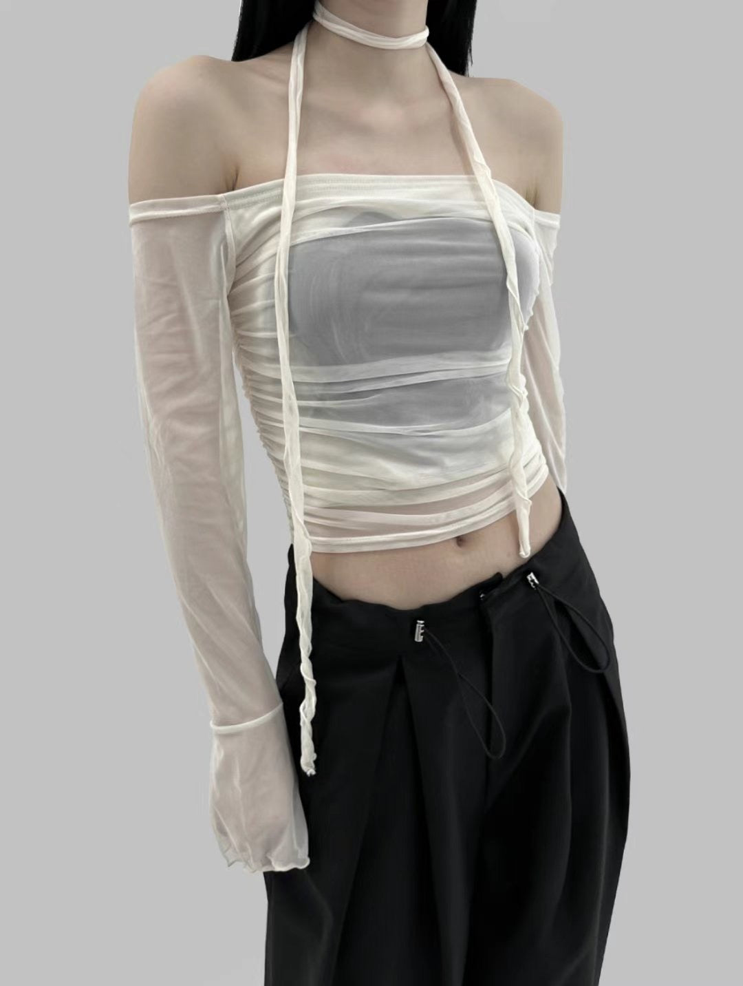 【小性感款式！】See-through Crop Top with Scarf Set