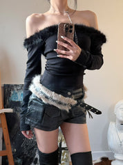 【千禧辣妹style🩶】Fluffy Melo Off Shoulder Top