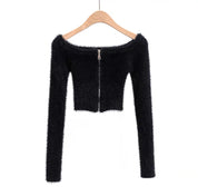 Zip Up Solid Fluffy Crop Off Shoulder Top