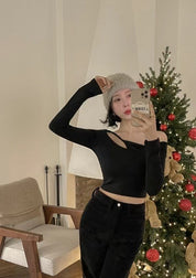 Solid Shoulder Cut Crop Top