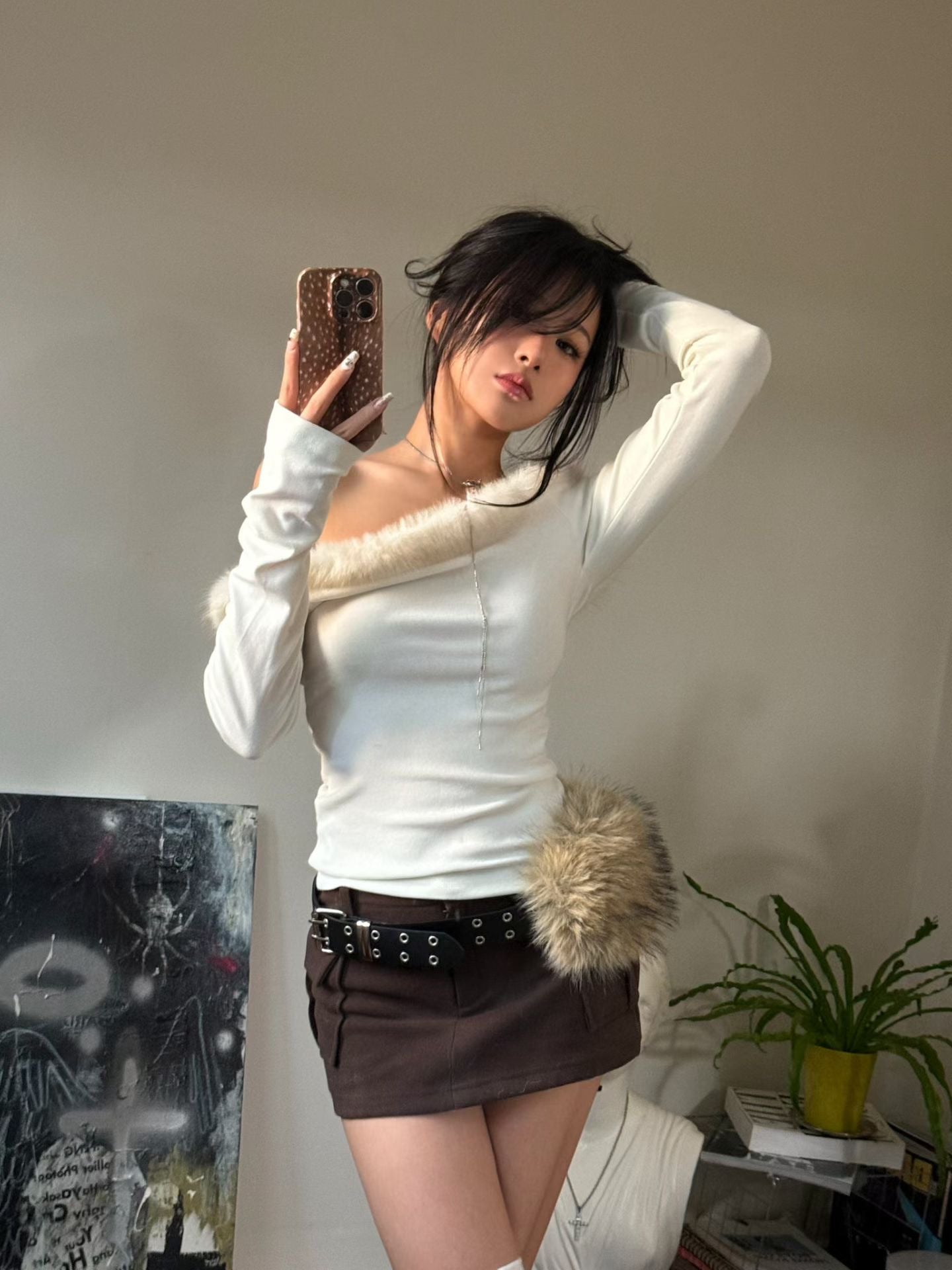 【千禧辣妹style🩶】Fluffy Melo Off Shoulder Top