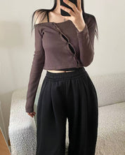 【單肩長袖Crop Top】 Sheri Unbalanced Long Sleeve Crop Top