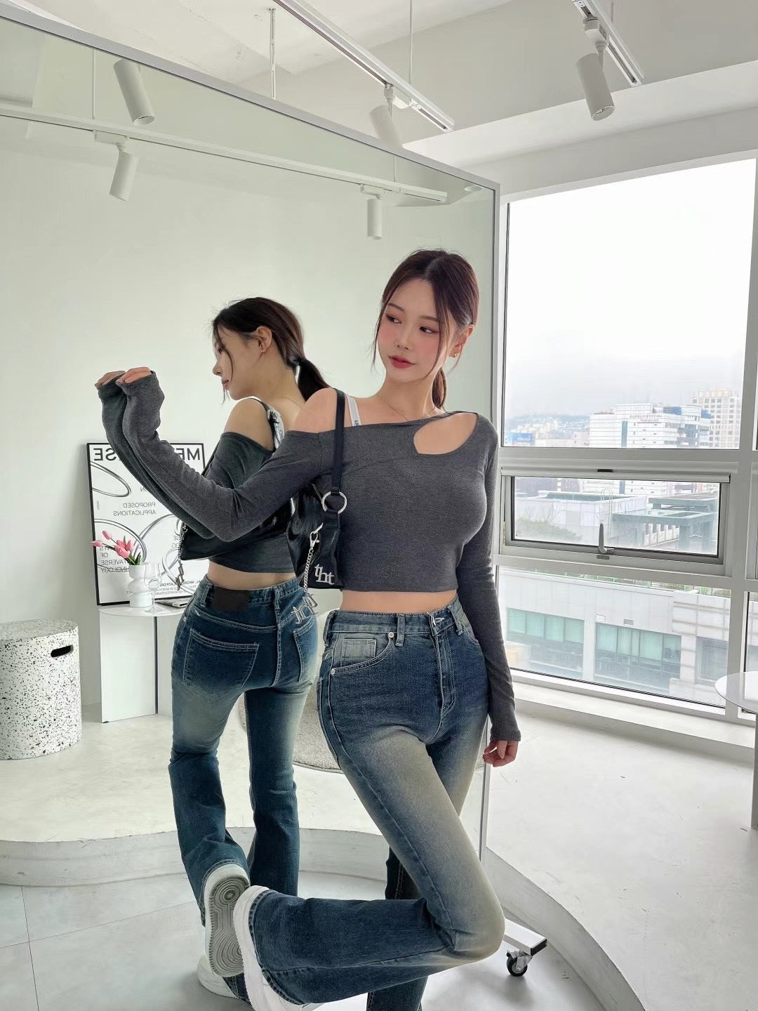 Solid Shoulder Cut Crop Top