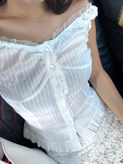【Ballet Core必備! Lace質感Max】Basic Solid Button Front  Lace Off Shoulder Top