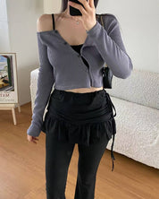 【單肩長袖Crop Top】 Sheri Unbalanced Long Sleeve Crop Top