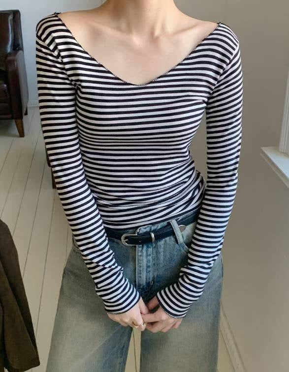 【歐美風V領橫間T｜$99系列】V Neck Striped T Shirt