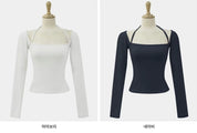 【$99系列｜ 一字領綁帶款】Basic Solid Tie Back Long Sleeve Top