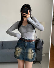 【心型領口長袖Crop Top】 Hearty Neck 2 Way Long Sleeve Top