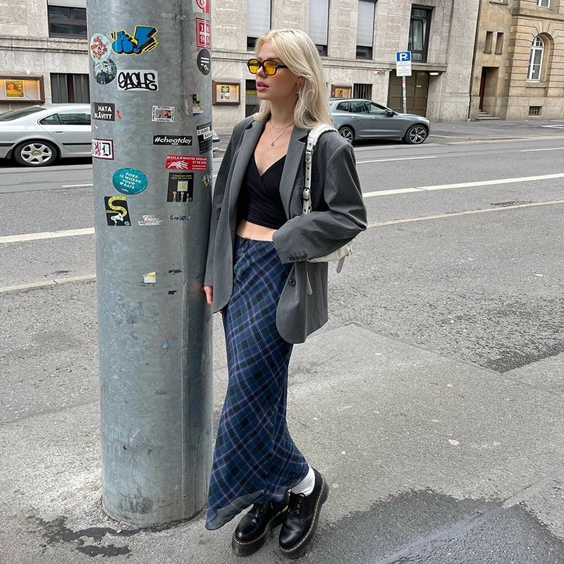 Blue Checkered Long Skirt