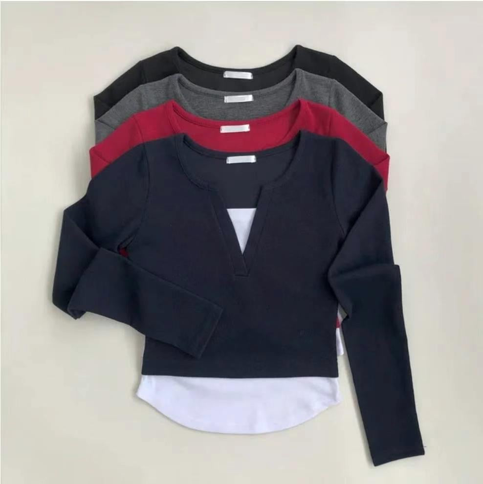 【假兩件長袖Crop Top】 Layered Long Sleeve Crop Top