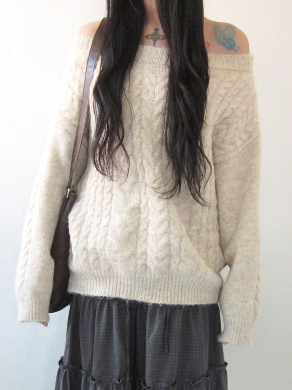 【麻花單肩針織Top】Cable Ribbed Off Shoulder Cardigan