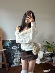 【千禧辣妹style🩶】Fluffy Melo Off Shoulder Top