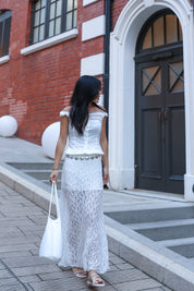 【Ballet Core必備! Lace質感Max】Basic Solid Button Front  Lace Off Shoulder Top