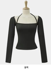 【$99系列｜ 一字領綁帶款】Basic Solid Tie Back Long Sleeve Top