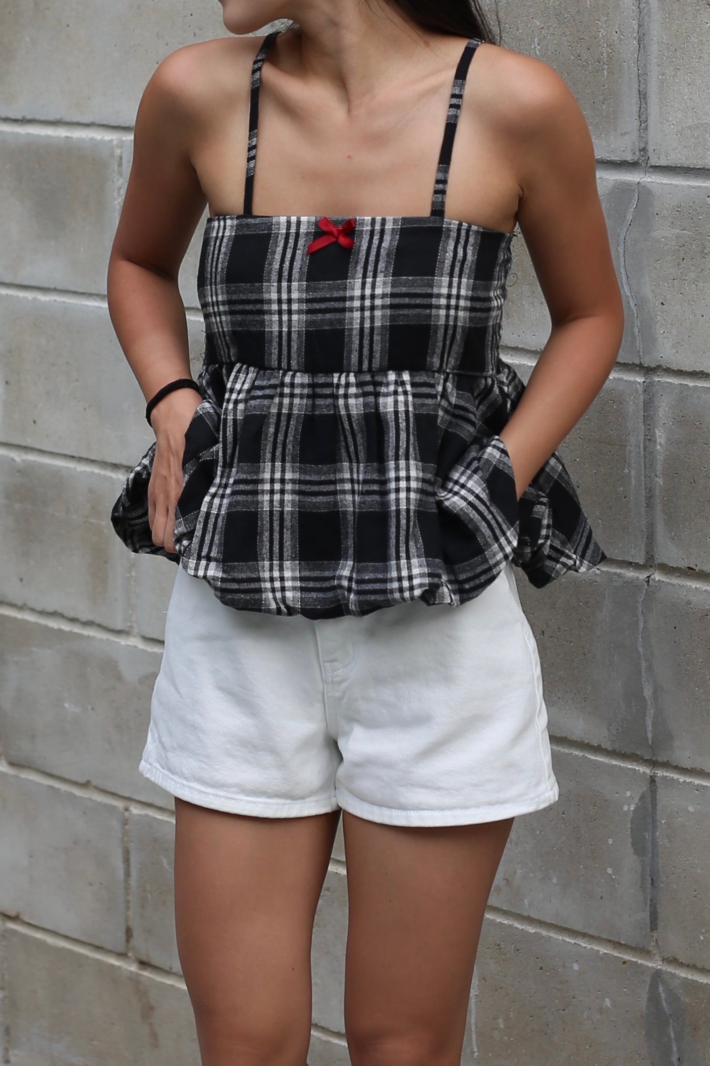 #T246 Checkered Ruffle Cami Top