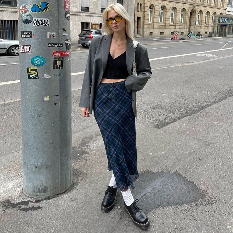 Blue Checkered Long Skirt