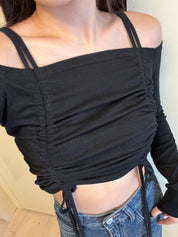 Double Strap Ruffle Long Sleeve Crop Top