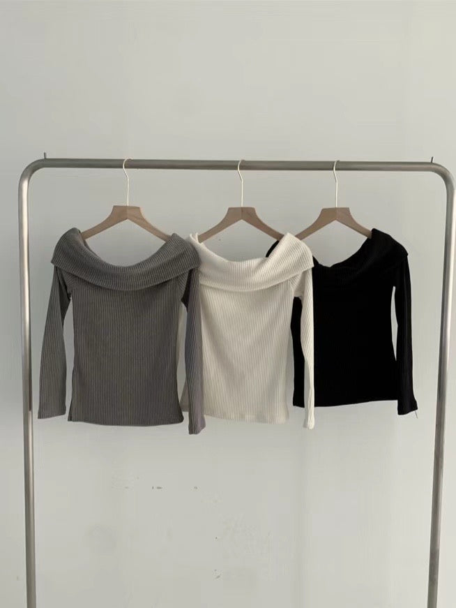 【坑紋高彈性一字領】Basic Solid Ribbed Knit Off Shoulder Top