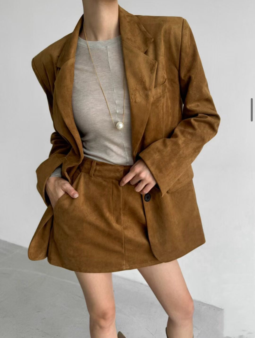 【麂皮西裝套裝｜可分開入手】Solid Suede Pocket Blazer Set