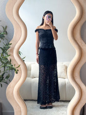 【Ballet Core必備! Lace質感Max】Basic Solid Button Front  Lace Off Shoulder Top
