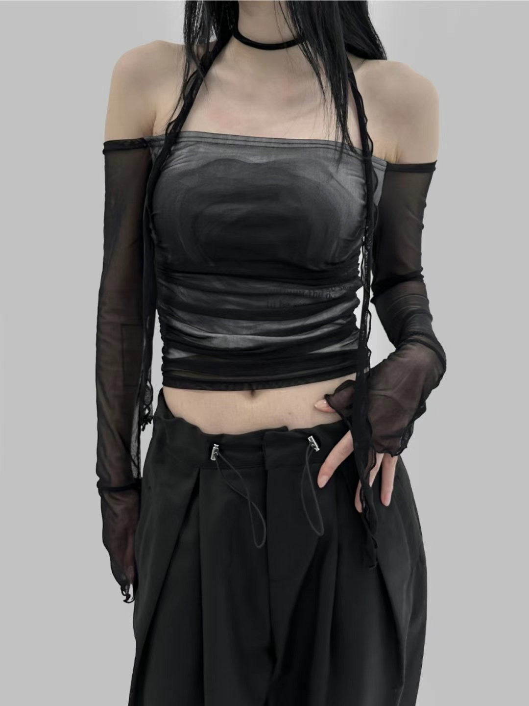 【小性感款式！】See-through Crop Top with Scarf Set